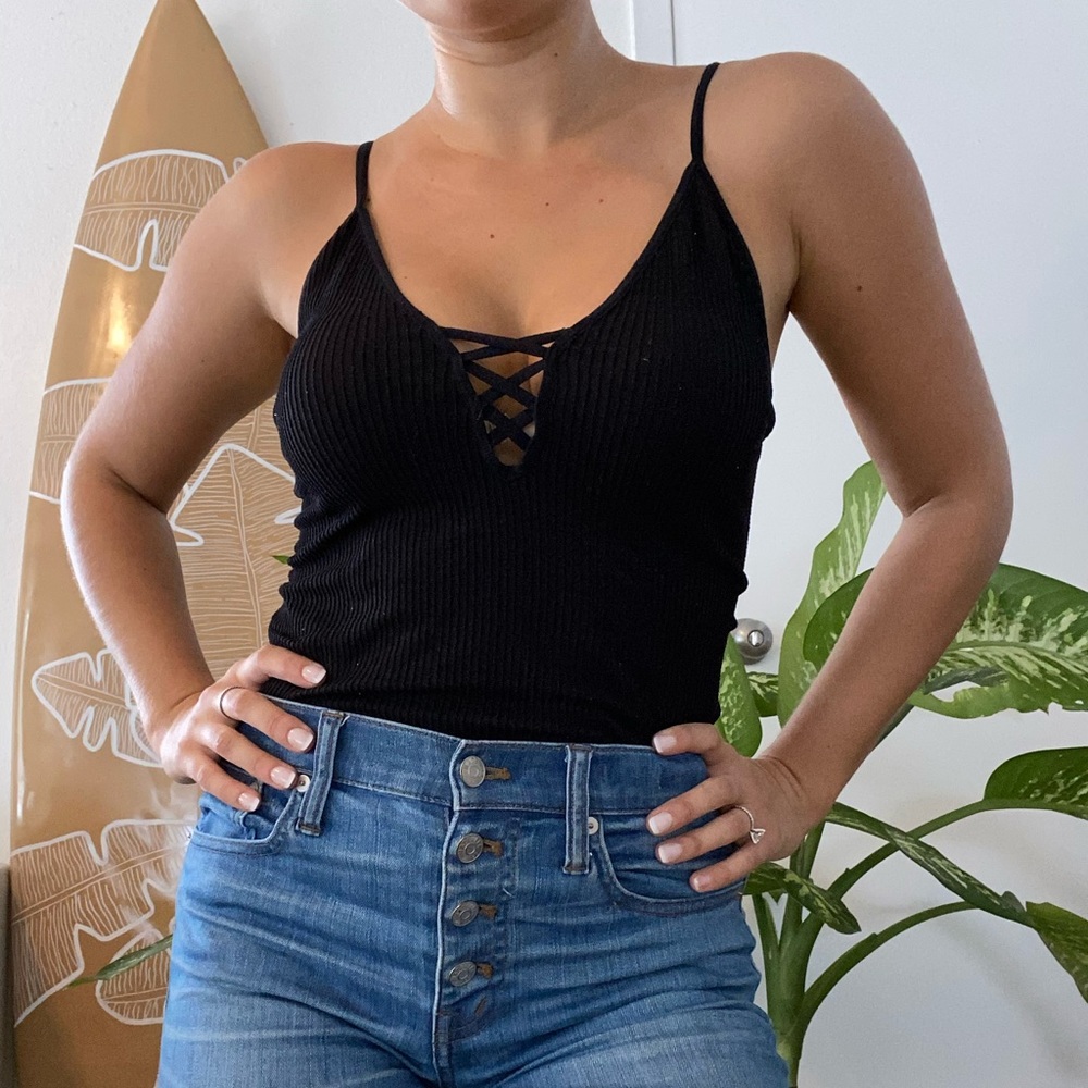 Black Free People Ribbed Cross Tank Top